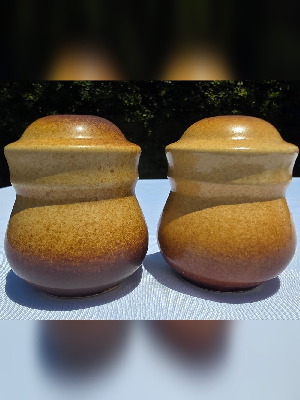 Vintage Mid-Century Stoneware Salt & Pepper Shakers Drip Glaze Brown Tan 3.25"